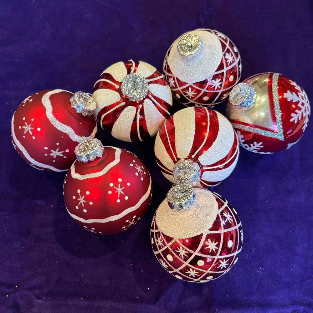 Vintage Assorted Red and White Glitter Glass Christmas Ball Ornaments Set of 7